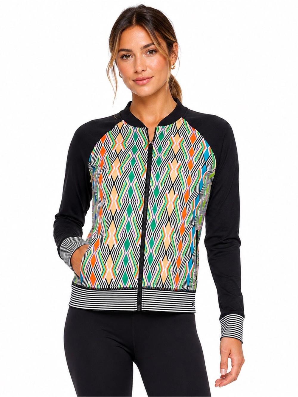Trina‎ Turk Active Recreation Geometric Jacket Womens Size L Full Zip Thumbhole